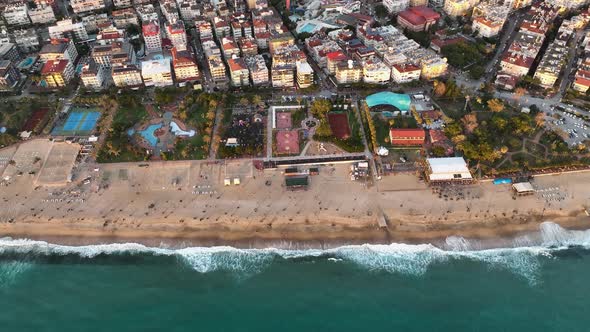 Beach infrastructure aerial view 4 k Alanya Turkey