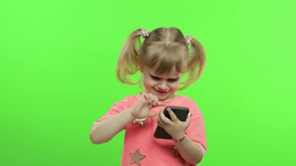 Little Girl Using Smartphone, Portrait of Child with Smartphone Texting, Playing