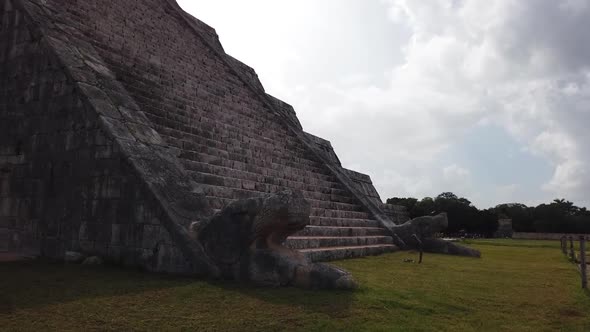 Cinematic closeup of El Castillo, the main pyramid of Chichen Itza,  Mexico