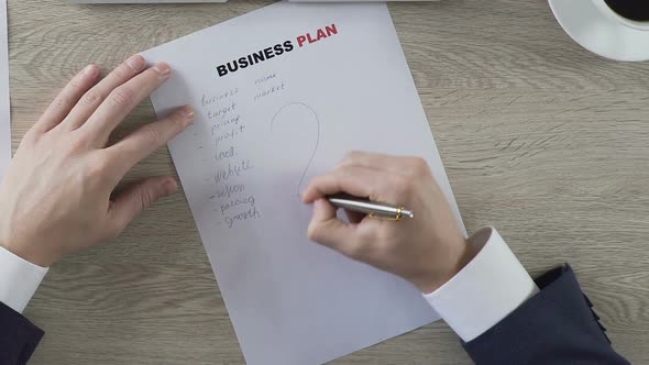 Male Putting Question Mark Next to Business Plan Elements Balling Paper Doubts