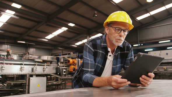 Worker using digital tablet in bottle factory