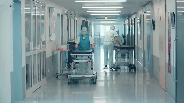 Medical Staff are Rolling Beds Along the Hallway