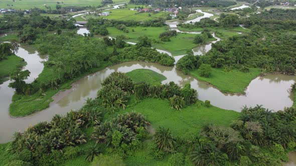 Aerial view river Sungai Perai near green forest