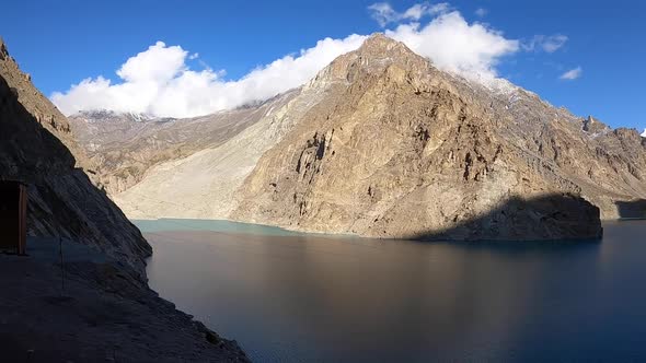 Cinematic shot of atabad lake. Attabad Lake in Northern Pakistan, formed through a Land Slide in 201