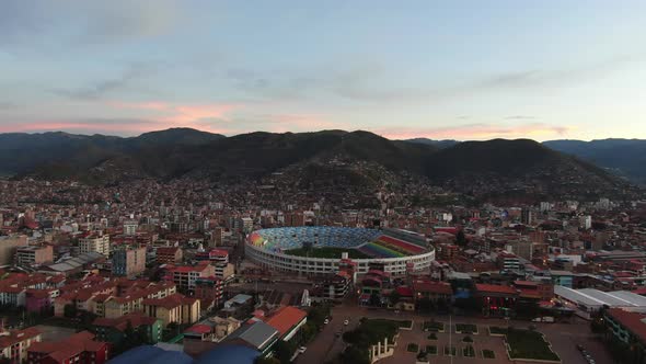 4k aerial drone footage over Plaza Tupac Amaru in Cusco, Peru during Coronavirus lockdown. Dolly in