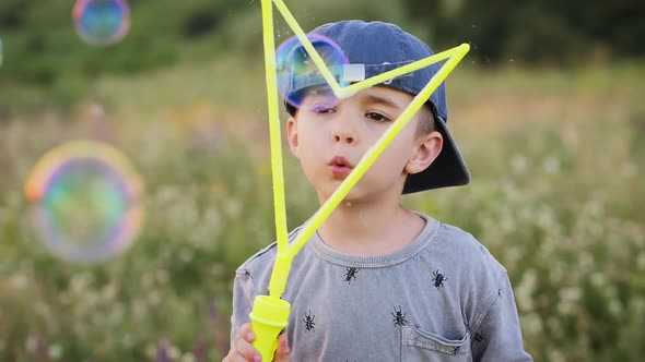 A Little Boy Blowing Soap Bubbles in the Park