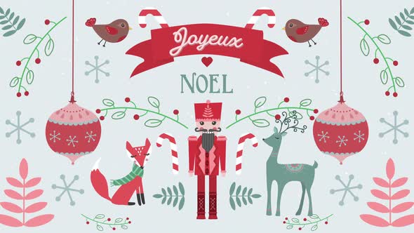 Animation of Joyeux Noel words with animals on Christmas decorations background