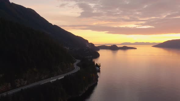 Sea to Sky Hwy in Howe Sound near Horseshoe Bay, West Vancouver, British Columbia, Canada. Aerial pa