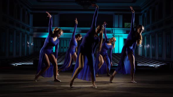 Group Young Skillful Ballerinas Dancing Modern Ballet on the Stage of Large Hall