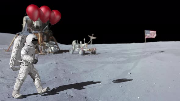 Astronaut Walking on the Moon with Red Balloons