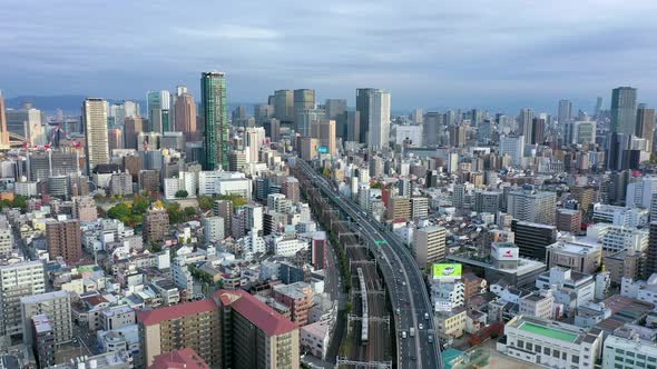 Aerial view 4k video by drone of building in Osaka city