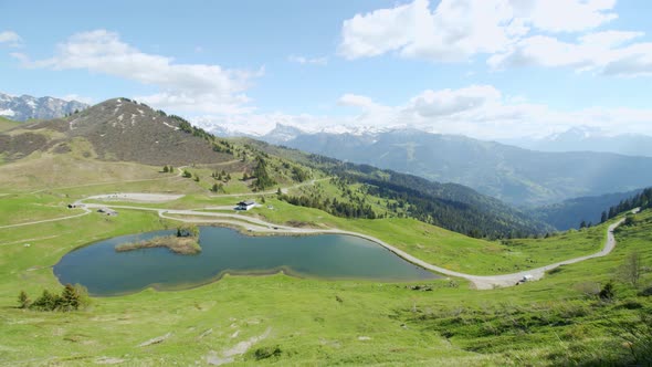 An alpine lake viewed from above on a sunny day