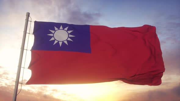 Taiwan Flag Waving in the Wind Sky and Sun Background