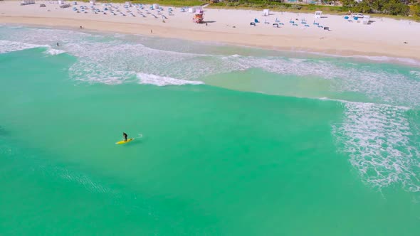 Aerial Flight Miami Beach Waves and Surfboarders