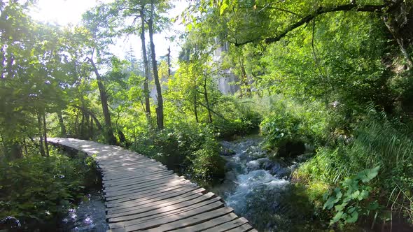 Footbridge near Veliki Prstavac waterfall  in Plitvice National Park, Croatia