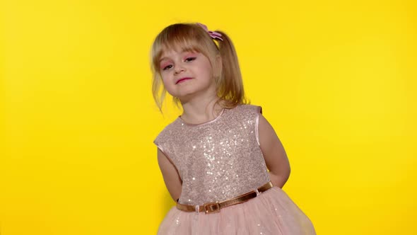 Little Child Girl 56 Years Old Smiling Dancing Spinning Place Yellow Studio Background