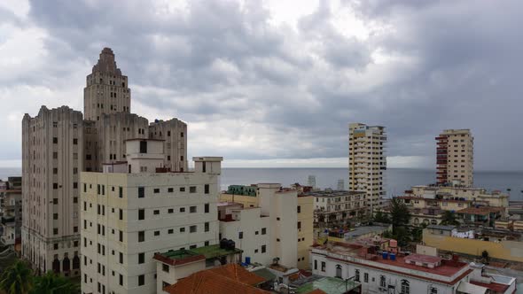 Beautiful Aerial Time Lapse view of the Havana City, Capital of Cuba, during a vibrant cloudy day.