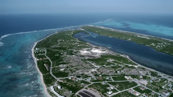 Aerial camera shoots panorama of Cockburn Town, Grand Turk, Turks and Caicos
