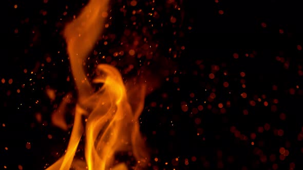 Super Slow Motion Shot of Fire Sparks Isolated on Black Background at 1000Fps.