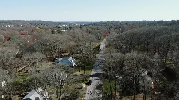 Aerial Drone View Street Establishing Shot American Neighborhood Suburb