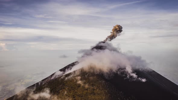 Aerial view of erupting Volcano Fuego in Guatemala, hyperlapse