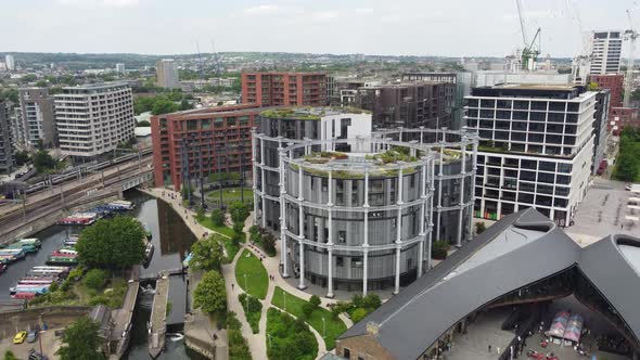 Gas holder park , and apartment conversions  regents canal London Kings Cross drone aerial view