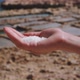 closeup of a hand holding salt in front of saltpans by the sea - VideoHive Item for Sale