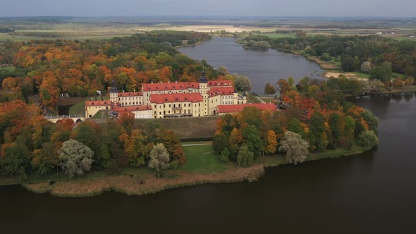 Top View of the Autumn Nesvizh Castle and Park