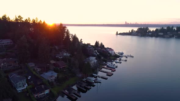 Northwest Bellevue Seattle Panoramic Sunset Lake Washington Aerial Helicopter View