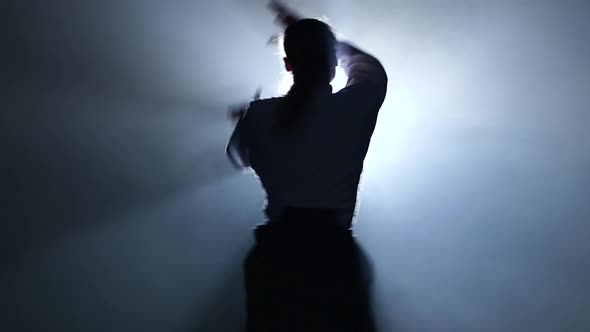 Silhouette of the Master Martial Arts Aikido Training Isolated on Spotlights Background. Slow Motion