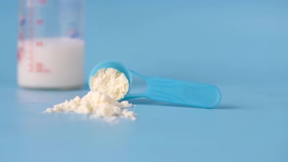 Baby Milk Powder and Spoon on Blue Background