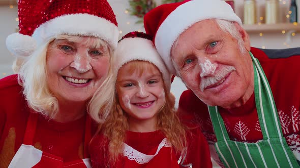 POV of Senior Grandparents with Granddaughter Kid Taking Selfie on Mobile Phone on Christmas Kitchen