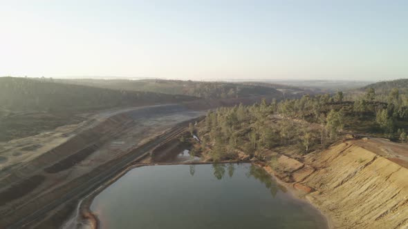 Aerial drone view of the abandoned mines of Mina de Sao Domingos, in Alentejo Portugal