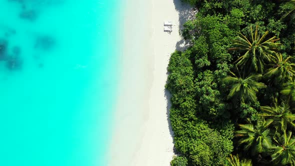 Natural birds eye tourism shot of a sunshine white sandy paradise beach and blue water background 