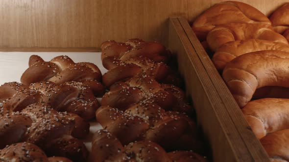 Variation of bread in wooden crate