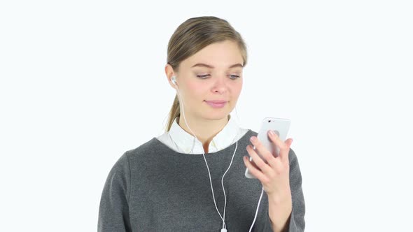 Woman Listening Music Dancing and White Background