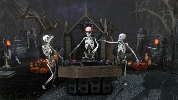 Dj Skeleton in a graveyard pary
