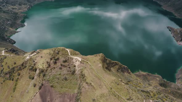 Tranquil View Of Quilotoa Crater Lake In Ecuador. Aerial Shot