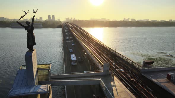 Metro Bridge in the Morning at Sunrise in Kyiv, Ukraine. Dnipro Station