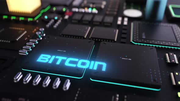 bitcoin header on the background of microprocessors on a circuit board .  alt