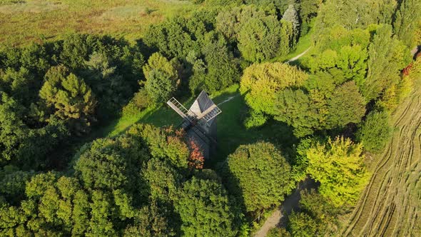 Aerial Shot Village Rokyni. Museum Of Ukrainian Antiquity, Old Mill. Ukraine