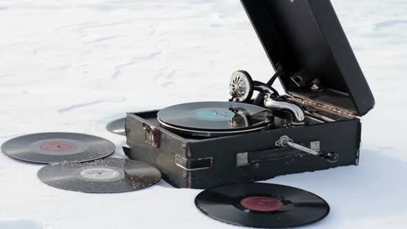 Old Gramophone Record Playing In The Snow 3