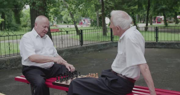 Two Seniors Friends Spend Their Leisure Time on a Street Bench and Play Chess