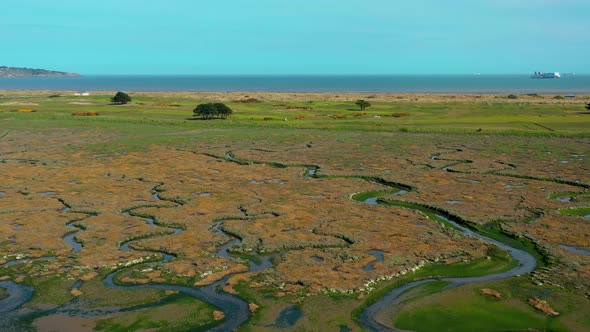 Aerial view over textured Irish landscape.