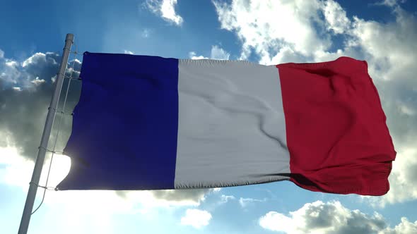 National Flag France Is Flying Wind Against Blue Sky