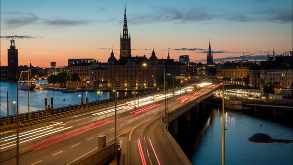 Stockholm, Sweden. Time Lapse of Stockholm City Center During Sunset. Centralbron Bridge with