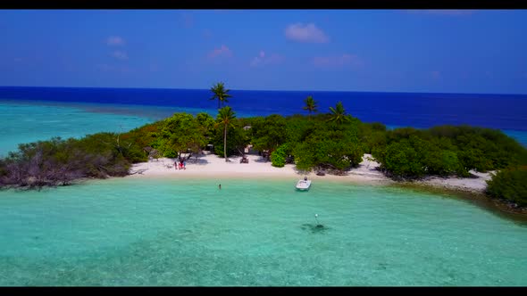 Aerial sky of idyllic shore beach journey by blue green sea with white sandy background of a daytrip