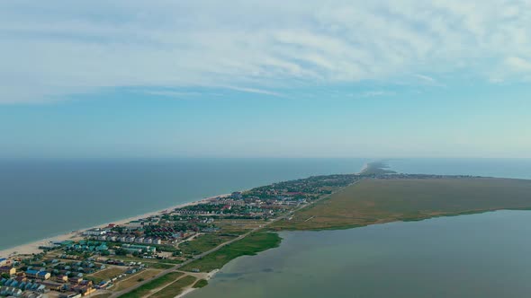 Aerial Drone Shot Narrow Long Island in Azov Sea with Long Sandy Beaches