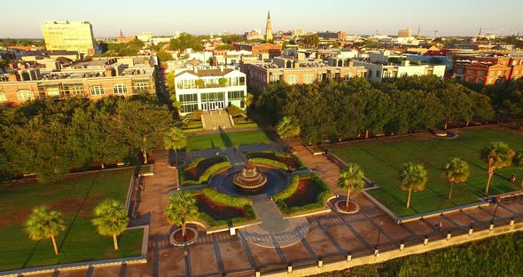 Aerial of Charleston SC Skyline and Waterfront Park with Pineapple Fountain