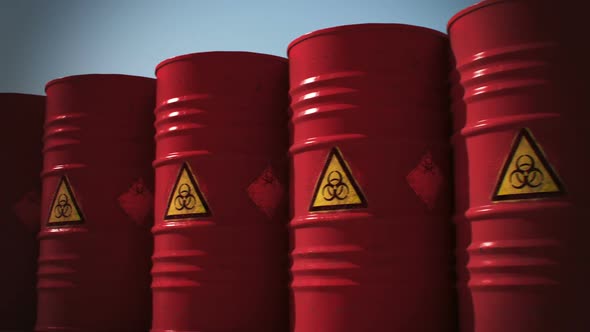 Endless animation of the red biohazard barrels horizontal stack. Side view. HD